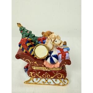 Holiday Porcelain Hand Painted Teddy Bear Rocking Horse Christmas Figurine